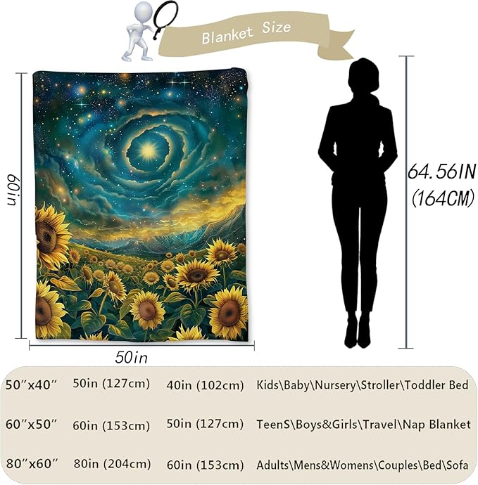 Sunflower Starry Sky Blanket - Ultra Soft, Fluffy, Lightweight Flannel Throw Blankets for Couch, Bed, Travel, Outdoor - Cozy, Fuzzy Home Decor, for Adults Kids Women Girls 50×40 in