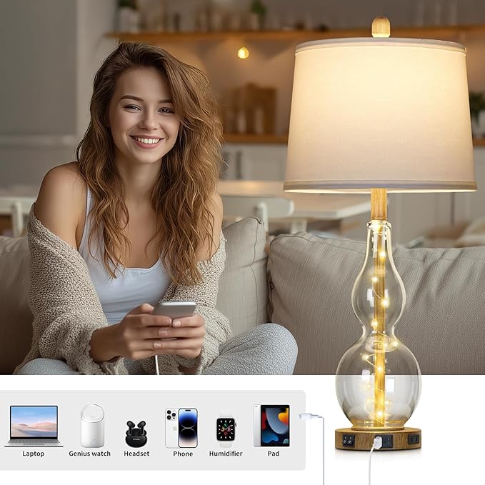 27.5" Clear Glass Table Lamp Set of 2 with Night Light,Bedside Lamps with USB Ports and AC Outlet, Modern Nightstand Lamps Retro Farmhouse lamp for Bedroom Living Room