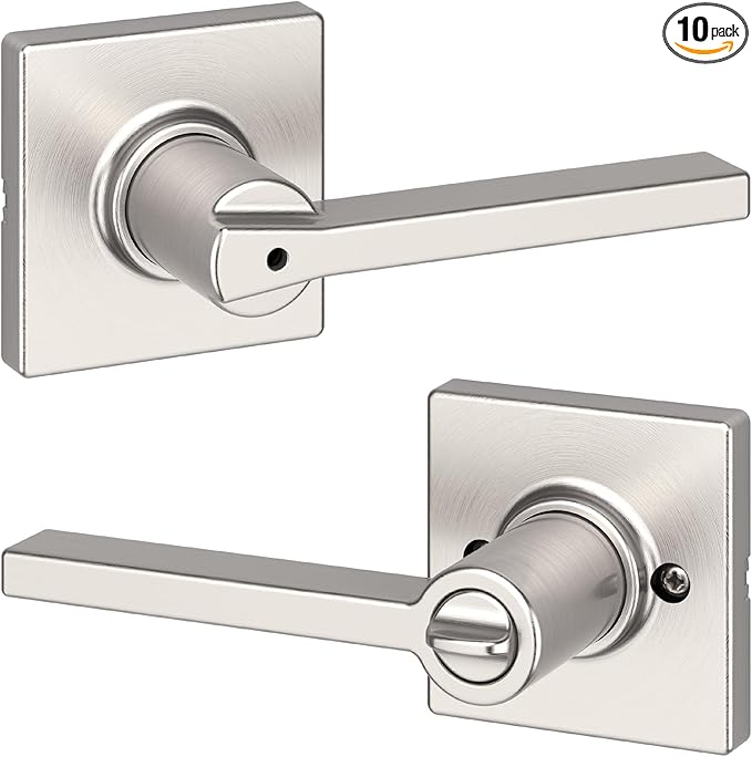 Kwikset Casey Interior Privacy Door Handle with Lock, Door Lever for Bathroom and Bedroom, Satin Nickel Reversible Keyless Turn Lock, with Microban Protection (Pack of 10)