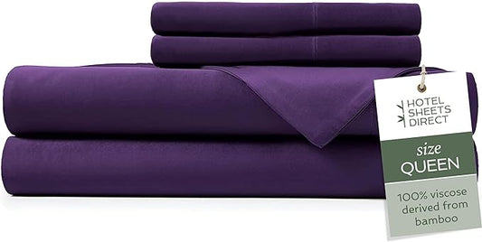 Hotel Sheets Direct 4 Piece Bed Sheet Set Queen Size, 100% Viscose Derived from Bamboo Sheets Set with 2 Pillowcases, Cooling & Breathable Luxury Bedding, Moisture-Wicking & Silky Soft Texture, Purple