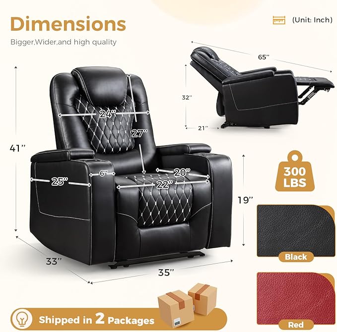 ANJ Power Recliner Chair Set of 3, Electric Soft Leather Reclining Home Theater Seating - USB Ports, Cup Holders, Hidden Arm Storage Movie & Media Room Chairs (Black)