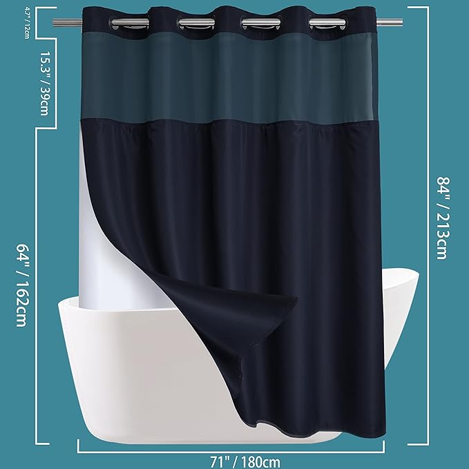 Extra Long No Hook Shower Curtain with Snap in Liner Set, Hotel Luxury Black Fabric Shower Curtains for Bathroom with See Through Top Window, Washable, Waterproof 71W x 84H
