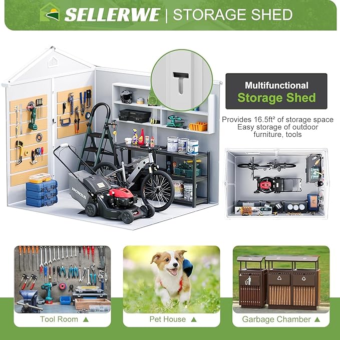 8x6 FT Outdoor Storage Shed, Waterproof Resin Shed with Floor Included & Lockable Door & Window & Vents, Outside Plastic Sheds for Backyard, Patio, Poolside, Lawn, Dove Grey