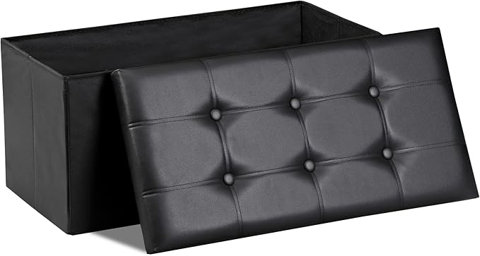 SUPER DEAL 30 inches Folding Ottoman with Storage, Bedroom Footrest Bench, Rectangle Sotrage Chest for Living Room Entryway, 30"x15"x15", 85L, Faux Leather, Black