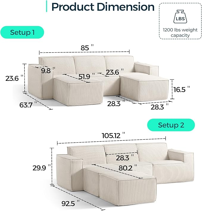 LINSY HOME Oversized Modular Sectional Sofa, 105" Cloud Couch L Shaped 3-Seat Sofa with 2 Movable Ottomans, Corduroy Sectional Couches for Living Room, No Assembly Required, Beige