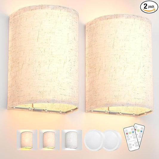 Battery Operated Wall Sconces Set of Two, Wall Lamp with Remote, 3 Colors Dimmable Fabric Wireless Sconces Wall Decor Set of 2 with Timer for Bedroom Living Room