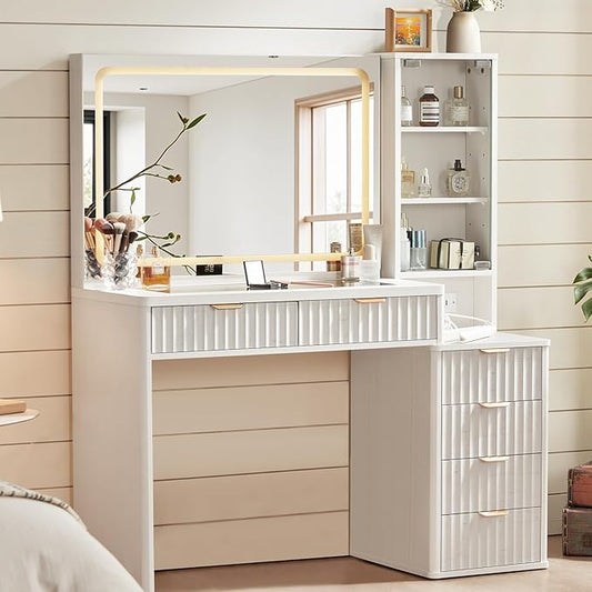 LEYAOYAO White Vanity Desk with Mirror and Lights, 43.5'' Fluted Makeup Vanity with 6 Drawers, Make Up Vanity with Wood Grain, Dressing Table with Glass Top and Power Outlet for Bedroom-Non Pure White