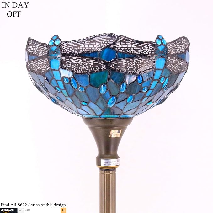 WERFACTORY Tiffany Floor Lamp Green Stained Glass Dragonfly Light 12X12X66 Inches Pole Torchiere Standing Corner Torch Uplight Decor Bedroom Living Room Home Office S622 Series (B)