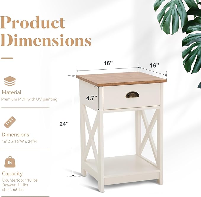 ALPHA HOME Side Table with Drawer, Farmhouse End Table Set of 2, Bedside Table Storage Shelf for Small Spaces, Nightstands Set for Living Room, Bed Room(Ivory)