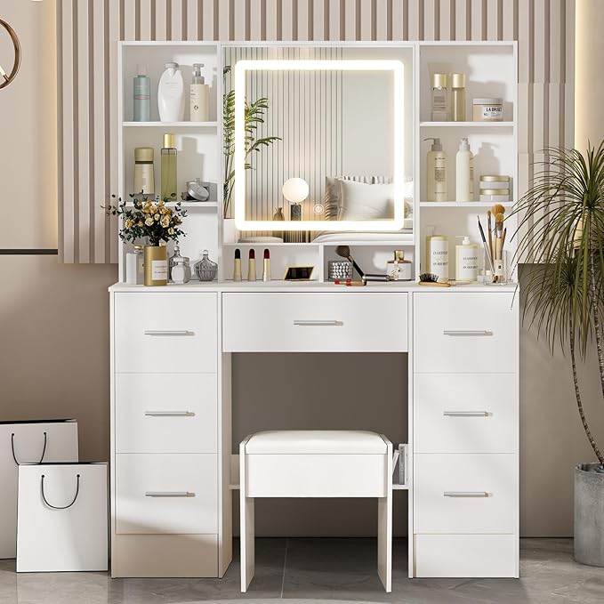Large Vanity Table Set, 7 Storage 8 Shelves Makeup Table with Mirror & LED Lights, Modern Dressing Table with Soft Stool and 3 Brightness Adjustable for Girls and Women, White