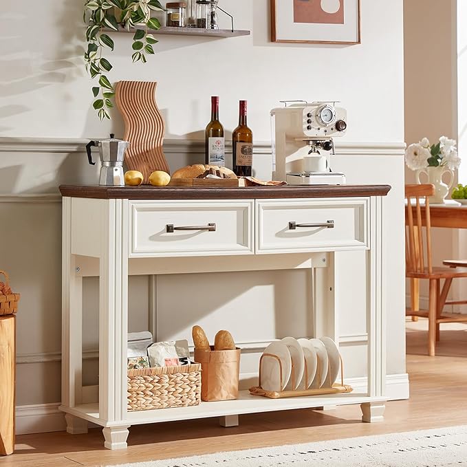 Farmhouse 46" Console Table with 2 Drawers, Rustic Wood 2 Tier Entryway Table with Open Storage Shelf for Entry, Large Mid-Century Vintage Sofa Tables Behind Couch for Living Room, White