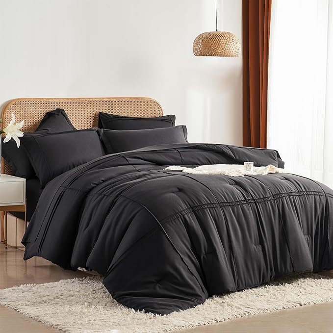 Yogeneg Twin Comforter Set 5 Piece Bed in a Bag,Grid Pinch Pleat Black Twin Bedding Set,Striped Textured Soft Microfiber Comforter with Sheet Set,All Season Complete Bed Set(Black,Twin)