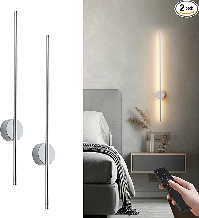 Battery Operated Modern Wall Sconces, Dimmable Wireless Wall Light Set of Two with Remote Control, 3 Color Temperatures, Rechargeable LED Wall Sconce for Bedroom, Living Room,Hallway, 39.3 Inch Chrome
