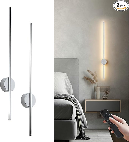 Battery Operated Modern Wall Sconces, Dimmable Wireless Wall Light Set of Two with Remote Control, 3 Color Temperatures, Rechargeable LED Wall Sconce for Bedroom, Living Room,Hallway, 39.3 Inch Chrome