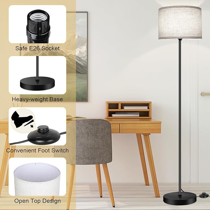 TOBUSA 65’’ Floor Lamp for Living Room Bedroom with 3CCT LED Bulb, Modern Standing Lamp Drum Shade, Standing Lamp with Foot Switch Black Pole, Dimmable Simple Design Stand Up Lamp for Office Reading