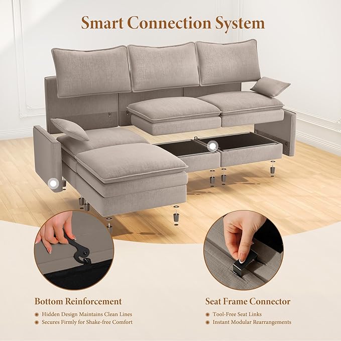 Vesgantti Large Modular Sectional Sofa, Big Comfy Cloud Couch with Ottoman Deep Seat Chenille Cloud Sofa, 9 Seater Large Sectional Couches for Living Room, Bedroom and Apartment, Light Brown