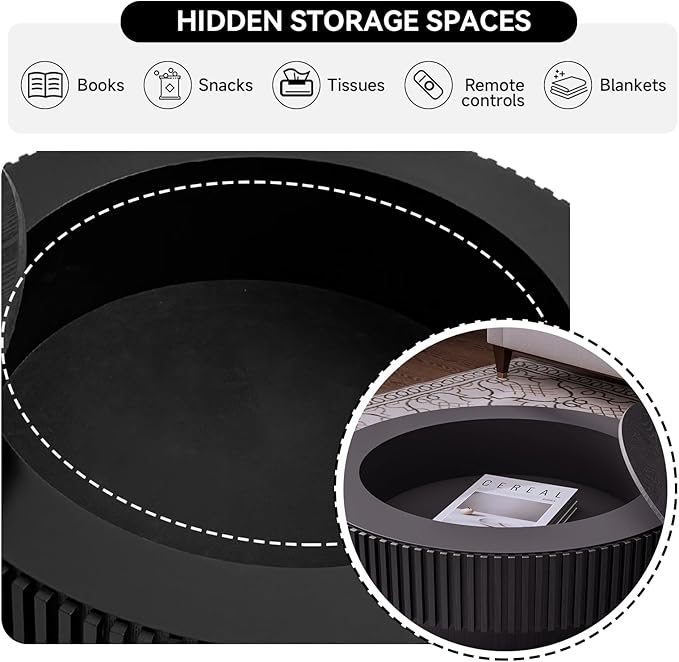 Round Coffee Table for Living Room,Fluted Drum Accent Tea Center Table with Storage,Circle Modern Coffee Tables for Small Space Office Apartment (31.5" L×31.5''W×14''H-Black)