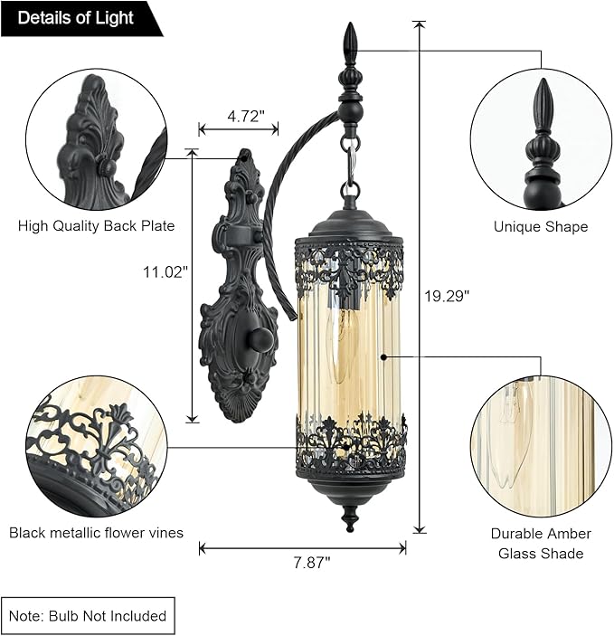 Rustic Wall Sconce with Amber Glass Mini Vintage Antique Gothic Wall Light Fixture Retro Farmhouse Mid Centry Lantern Wall Sconce for Bedroom, Hallway, Living Room, Mirror, Black, E12