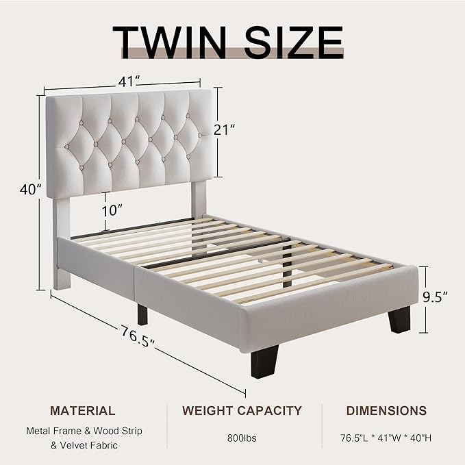 Twin Upholstered Bed Frame with Headboard, Button Tufted Linen Bed Base, Platform Bed with Wood Slat, Heavy Duty, Easy Assembly, No Box Spring Needed, White