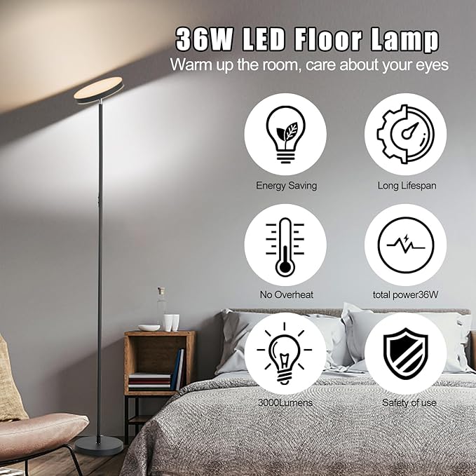 Floor Lamp, 36W/3000LM Super Bright LED Modern Tall Standing Lamp, 3 Color Temperatures Torchiere Sky Lamps, Dimmable Reading Light, Remote & Touch Control for Living Room, Bedroom, Office