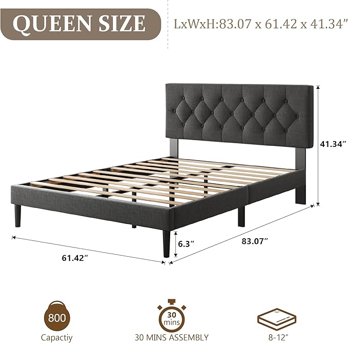 Queen Size Platform Bed Frame with Upholstered Headboard, Button Tufted Design, Strong Wooden Slats, No Box Spring Needed, Easy Assembly, Noise Free
