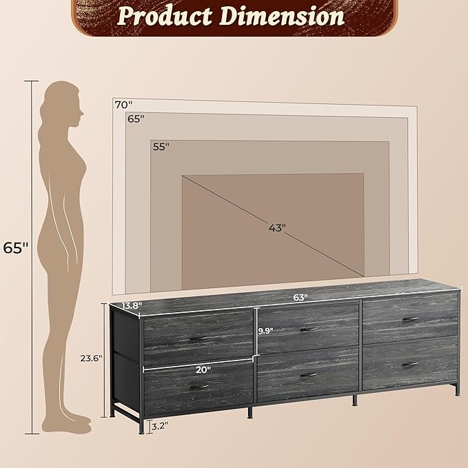Huuger 63 Inch Long Dresser for Bedroom, TV Stand for 55, 65, 70 Inch TV, 6 Drawer Dresser for Closet with Fabric Drawers, Storage Organizer for Bedroom, Entryway, Charcoal Black Wood Grain Print