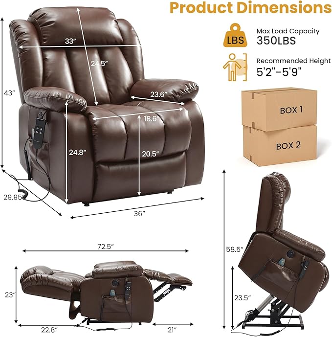 PARKOL Large Breathing Leather Infinite Position Power Lay Flat Lift Recliner Chairs for Elderly, Dual Motor with Massage and Heating,Extended Footrest,USB & Type-C Port and Remote Brown