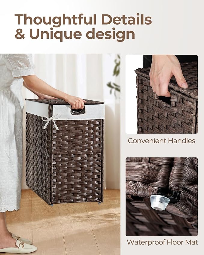 Greenstell Laundry Hamper with lid, No Install Needed, 130L Wicker Laundry Baskets Foldable 2 Removable Liner Bags, 2 Section Clothes Hamper Handwoven Rattan Laundry Basket with Handles, Brown