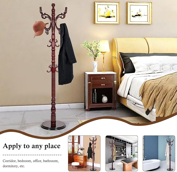 Coat Rack Stand, Solid Wooden Coat Tree with 14 Hooks, Heavy Duty Coat Rack Freestanding with Sturdy Round Base, Natural Birch Wood Coat Hanger Stand for Entryway Bedroom (Rosewood)