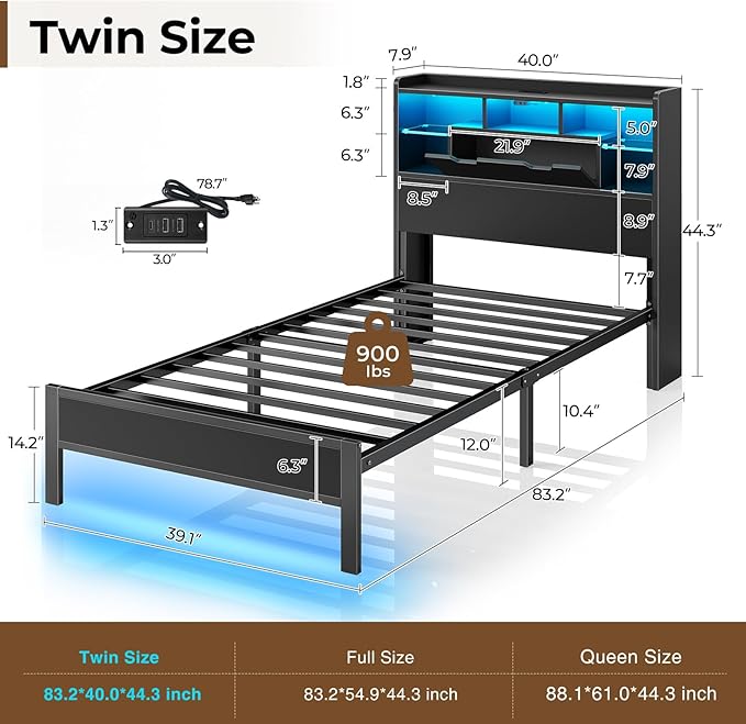 Rolanstar Twin Bed Frame with Headboard, LED Bed with Bookcase Storage and Charging Station, Metal Platform Bed with Glass Shelves, No Box Spring Needed, Noise-Free, Black