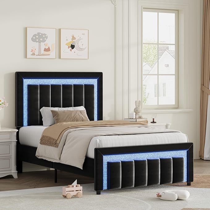 HOMBCK Twin Size Bed Frames with LED Lights and Velvet Upholstered Headboard, Bed Frame Twin with Modern Diamond Headboard Adjustable, Wooden Slats Support, Noise Free, No Box Spring Needed, Black