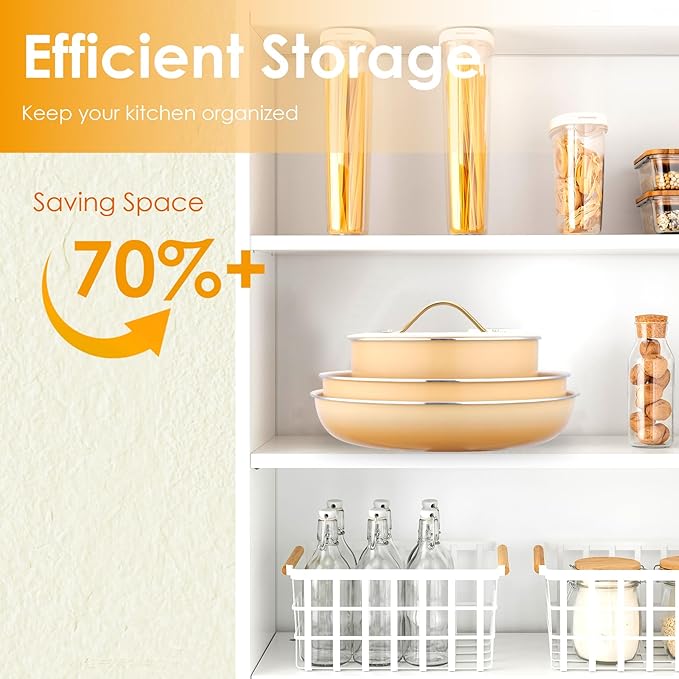 20pcs Ceramic Cookware Set Nonstick, Detachable Handle Pots and Pans Set, Non Toxic,No PFAS & PTFE & PFOA, Dishwasher/Oven Safe, RV Kitchen Set Removable Handle for Cooking, Yellow