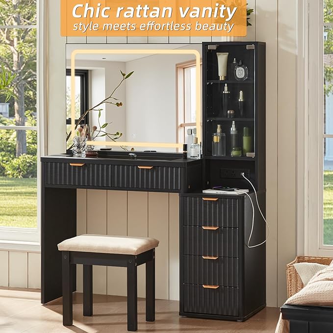 LEYAOYAO Black Vanity Desk with Mirror and Lights with Stool, 43.5'' Fluted Makeup Vanity with 6 Drawers and Adjustable Shelves,Wood Make Up Vanity Set with Glass Top and Power Outlet for Bedroom