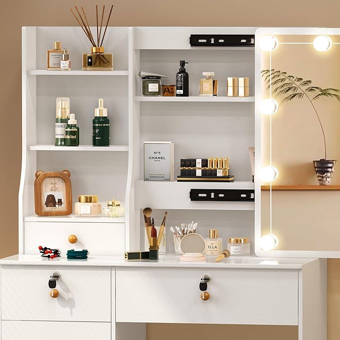 Small Makeup Vanity Desk with Lights and Slidind Mirror, Vanity Table Set with Chair, Lighted Dressing Table with 3 Adjustable Light Modes, 6 Drawers, 6 Shelves, White Vanity Desk for Women