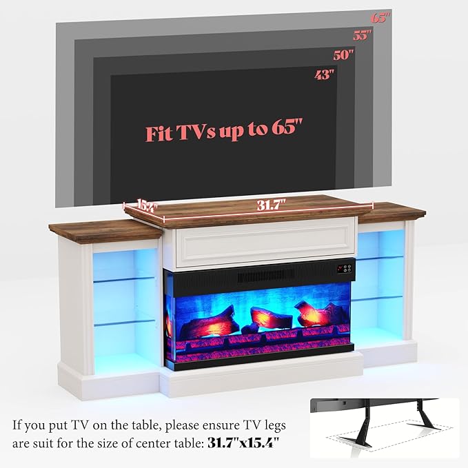 AMERLIFE 60" Electric Fireplace with Mantel, Farmhouse 3-Sided Fireplace TV Stand for TVs up to 65 Inch, Entertainment Center with Adjustable Shelves & LED Light, Distressed White