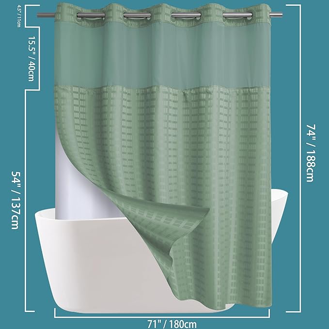Conbo Mio No Hook Sage Green Shower Curtain with Snap in Liner Set, Hotel Luxury Shower Curtains for Bathroom with See Through Top Window, Waterproof, Washable 71W x 74H