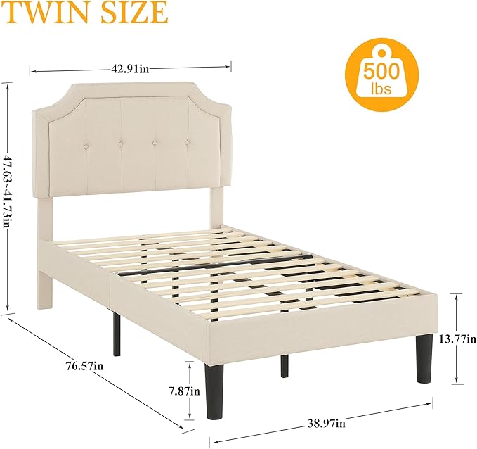 VECELO Twin Size Platform Bed Frame with Fabric Upholstered Headboard and Wooden Slats Support, No Box Spring Needed/Easy Assembly,Beige