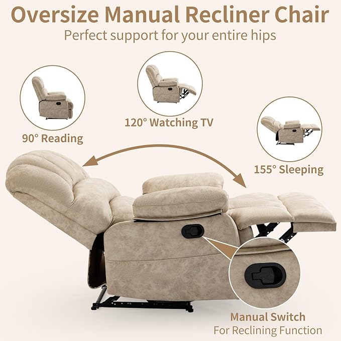 Large Recliner, 23" Wide Seat, A Recliner with Three Position, Recliner Chair Oversized with Two Side Pockets, Light Beige