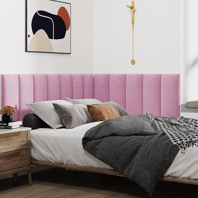 IFNOW Upholstered Wall Mounted Headboard, 3D Soundproof Wall Panels Peel and Stick for Queen Size, Reusable and Removable Tufted Bed Headboard in Light Pink (9 Panels, 10" x 24")
