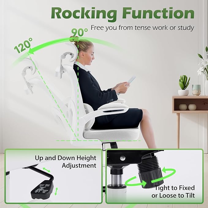 Office Chair Ergonomic Desk Chairs with Adjustable Lumbar Support& Headrest Hanger, High Back Breathable Mesh Chair with Wheels, Rolling Swivel Comfy Task Computer Chair for Home Work Gaming