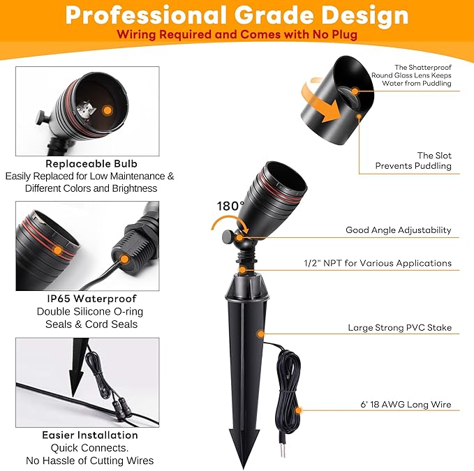 Brass Landscape Lighting - Black Low Voltage Spotlights Outdoor LED, 12V Wired Uplights, Waterproof Spot Lights, Adjustable Focus for Outside Trees Without MR16 Bulb (4 Pack)