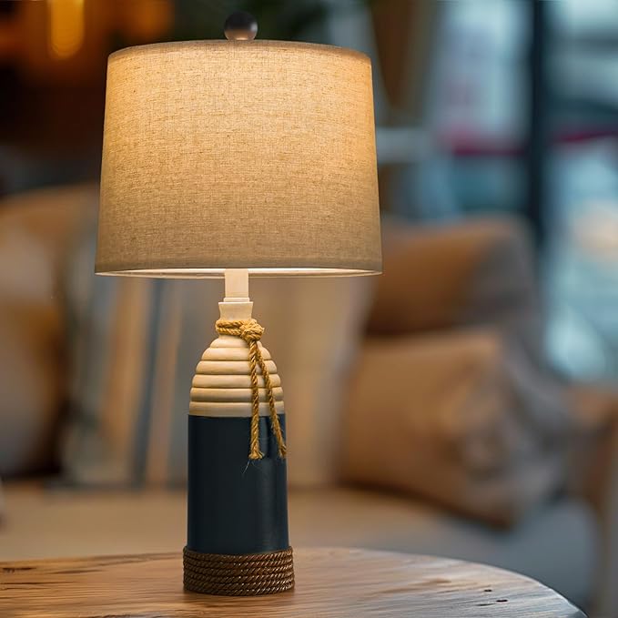 OYEARS 23.75" Table Lamps Set of 2, Bedside Lamps for Nightstands, Nautical Table Lamps for Living Room, Coastal Ocean Beach Style, Resin, Navy Blue