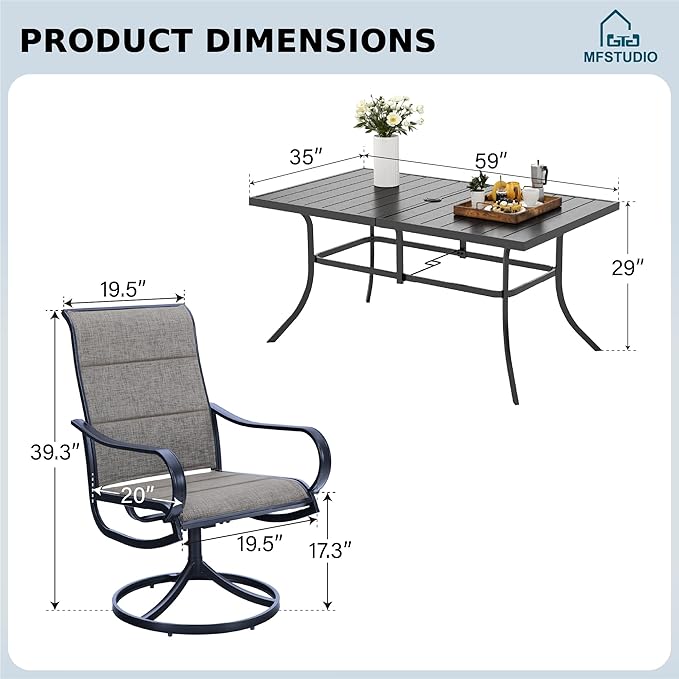 MFSTUDIO Outdoor Dining Set for 6, Patio Table and Chairs Set of 6 with Umbrella Hole, Patio Dining Set for Deck/Yard/Garden/Poolside
