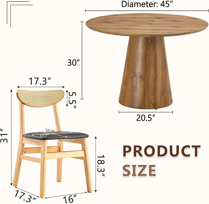 45 Inch Round Dining Table Set for 6, 7 Piece Kitchen Table and Chairs Set, Wooden Table with Light Walnut Finish, Small Space Dining Set for Apartment or Dining Room