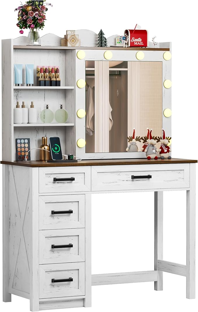 Farmhouse Makeup Vanity, Vanity Desk with Built-in Charging Station, Wood Vanity Set with 3 Levels of Open Storage Shelves & 3-Color Lighting, Makeup Desk with Hidden Storage, White