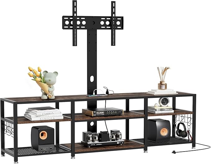 VECELO TV Stand with Mount and Power Outlet, Height Adjustable Entertainment Center with Storage Shelves for 55/65/70/75/80 inches Televisions, Console Table for Living Room, Bedroom, Rustic Brown