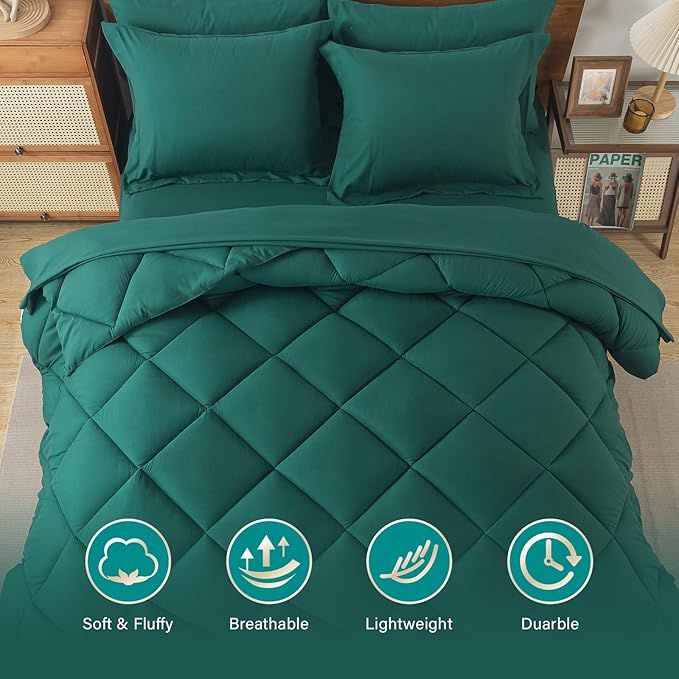 Cosybay Bed in a Bag Full Comforter Sets 7pcs All Season Solid Down Alternative Bedding Sets Dark Green with Comforter, Pillow Shams, Flat Sheet, Fitted Sheet and Pillowcases