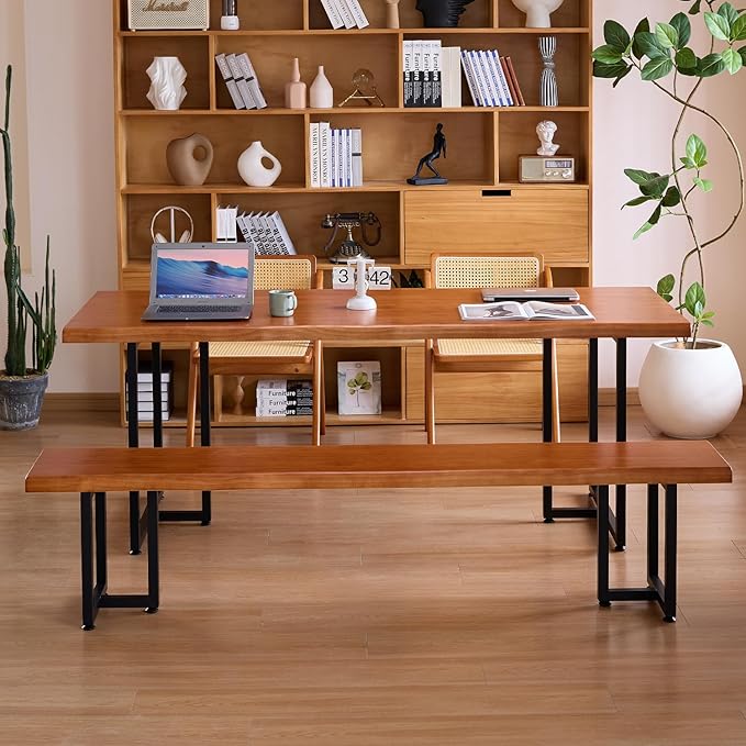 Solid Wood Administrative Desk, Dining Table with Durable Metal Legs, Uniquely Designed Leisure Table, Perfect for Restaurants and Home Offices, (Wood Brown, 70.87in)