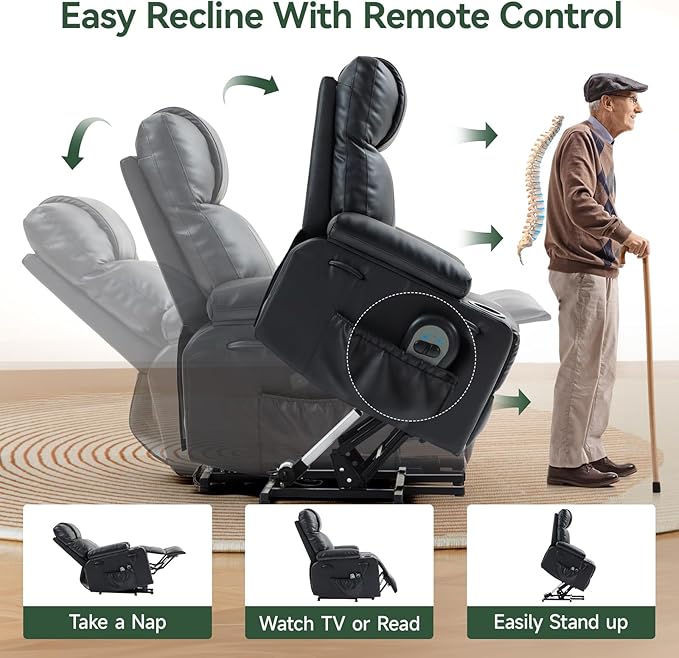 Power Lift Recliner Chair for Elderly with Heat & Massage, 160° Electric Adjustable PU Leather Recliner with Remote Control, Stand Assist, Cup Holders & Side Pockets for Living Room (Black)