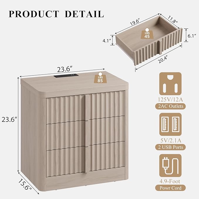 Fluted Night Stand with Charging Station, 23.6" Nightstand with Solid Wood Handle, Mid Century Modern Bedside Table End Table 3 Drawer Dresser for Bedroom, Living Room, Natural Oak